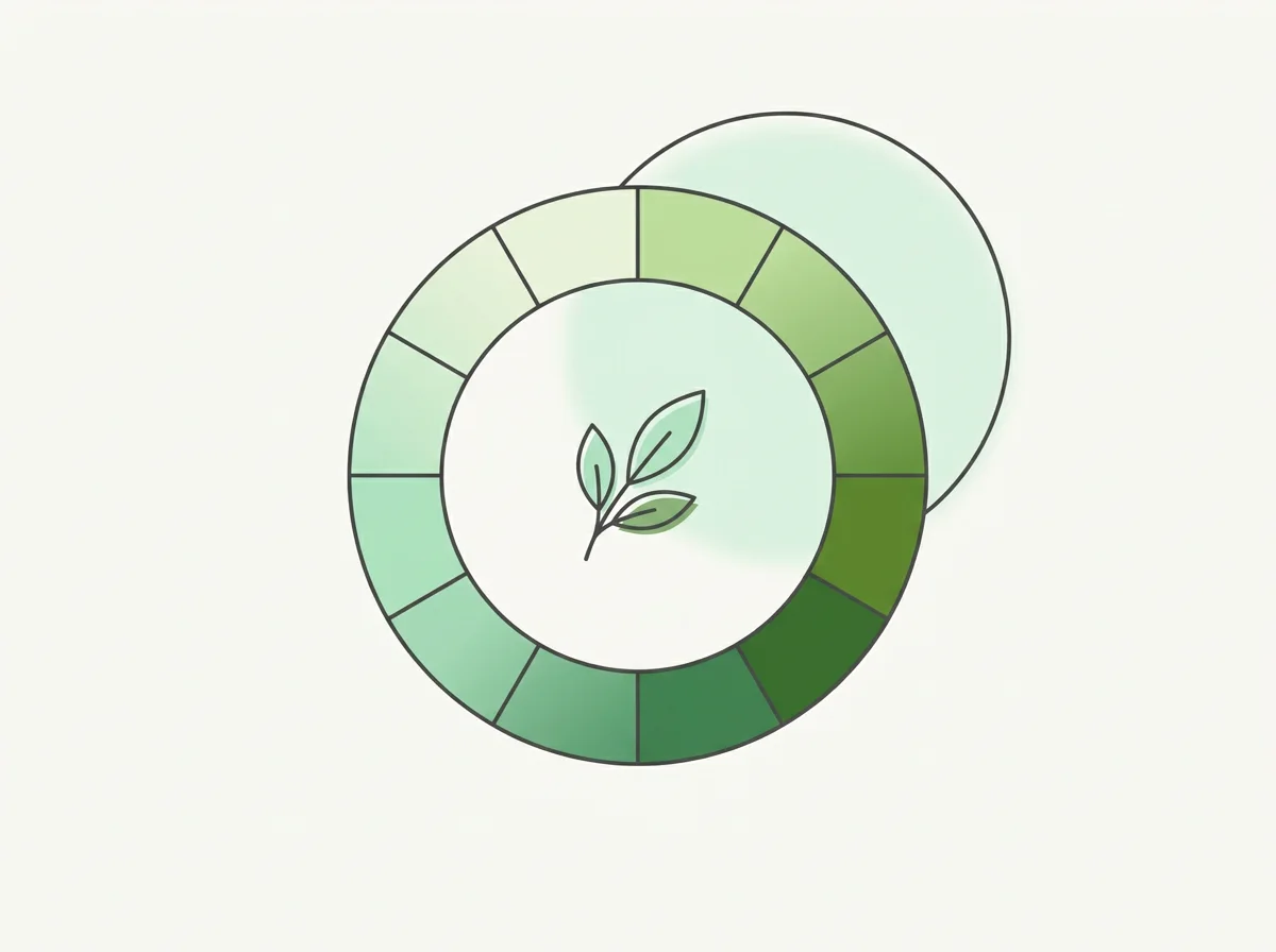Illustration graphique, anneau de douze segments en dégradé de vert avec un brin de feuilles au centre
