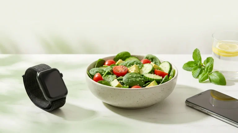 Montre connectée, bol de salade fraîche, verre d'eau citronnée et téléphone sur un comptoir clair